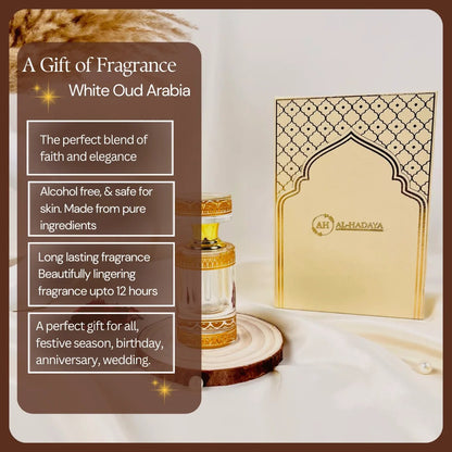 Handmade non-alcoholic Arabic perfume oil featuring creamy oud and woody notes.