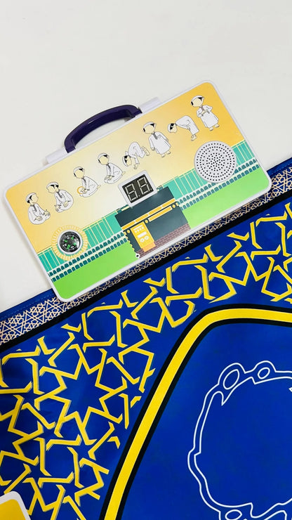 Fun and interactive Islamic prayer mat for kids with built-in Surah and Dua guidance.