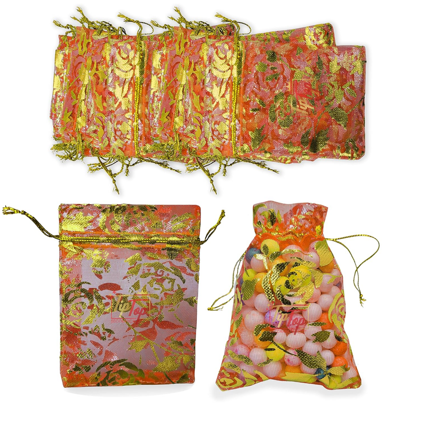 Nikah Return Potlis  (Size 7X9 Cm) (Floral Pattern) (100 Pieces, Saffron Gold) Only Potli