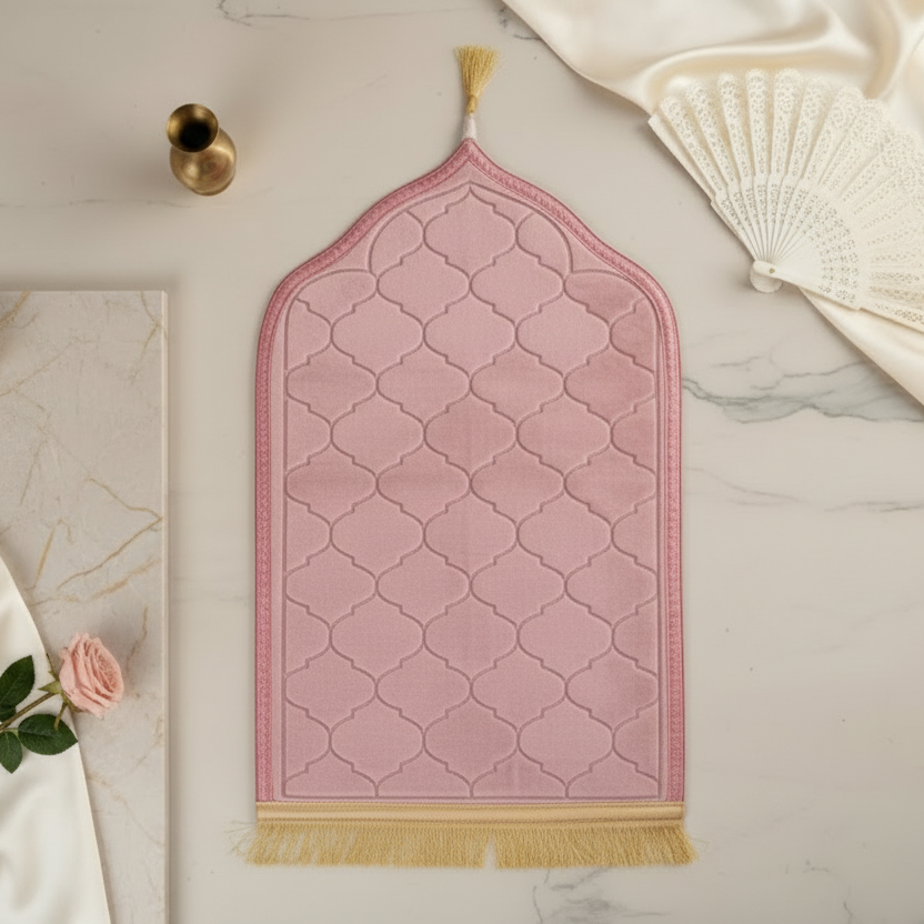 Kids Dome Design Premium Janamaz | Prayer Mat with Name Customisation Option | Soft Velvet Prayer Rug | Pink