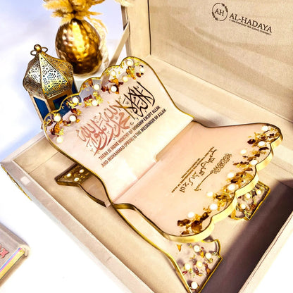 Elegant Quran gift set featuring rainbow velvet Quran, Turkish chenille prayer mat, resin rehal, tasbih beads and perfume, ideal Islamic wedding gift