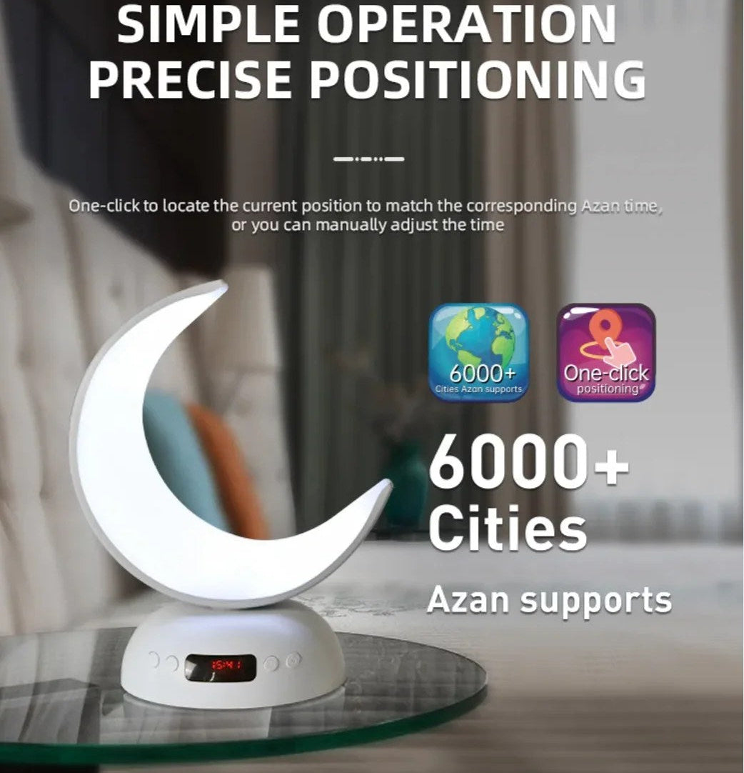 Smart Quran speaker with azan clock & crescent moon design for home decor.