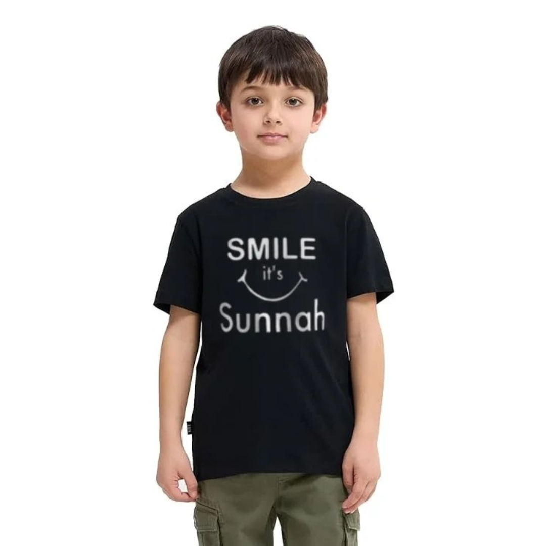 Black cotton kids T-shirt with “Smile is Sunnah” Islamic quote design.