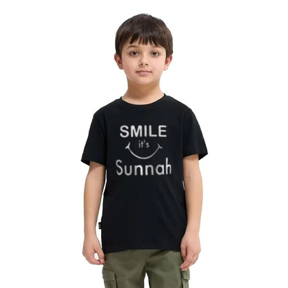 Black cotton kids T-shirt with “Smile is Sunnah” Islamic quote design.