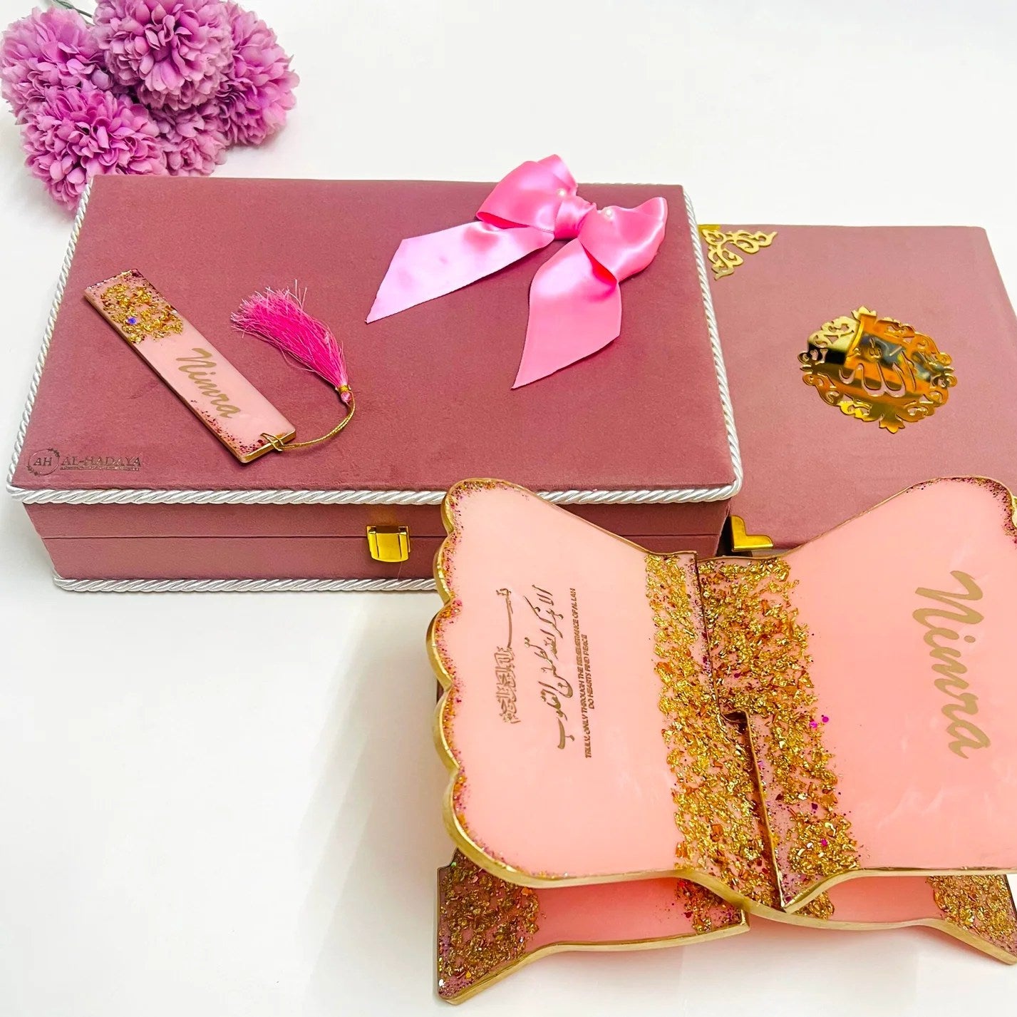Luxury pastel pink Islamic gift set featuring velvet Quran, resin Rehal, and handcrafted bookmark