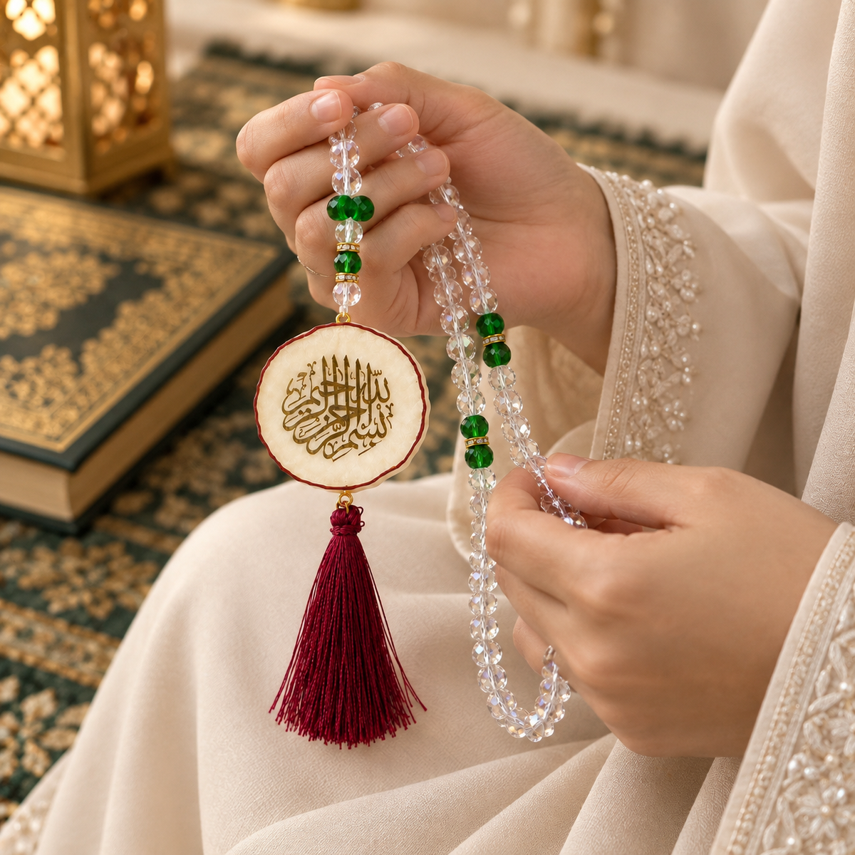 A person in a cream-colored embroidered robe holds a beaded necklace with a round beige medallion featuring gold Arabic calligraphy, green beads, and a dark red tassel. A book and a lantern are visible in the softly lit background.