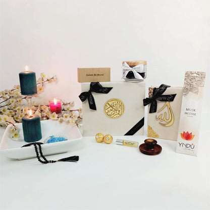 The Sunnah Gift Box in royal off-white velvet with Quran, tasbih, dates, bookmark, and attar.