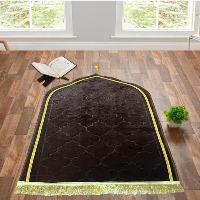 Brown velvet thick prayer mat with dome design and golden lace border, perfect for home prayer use.