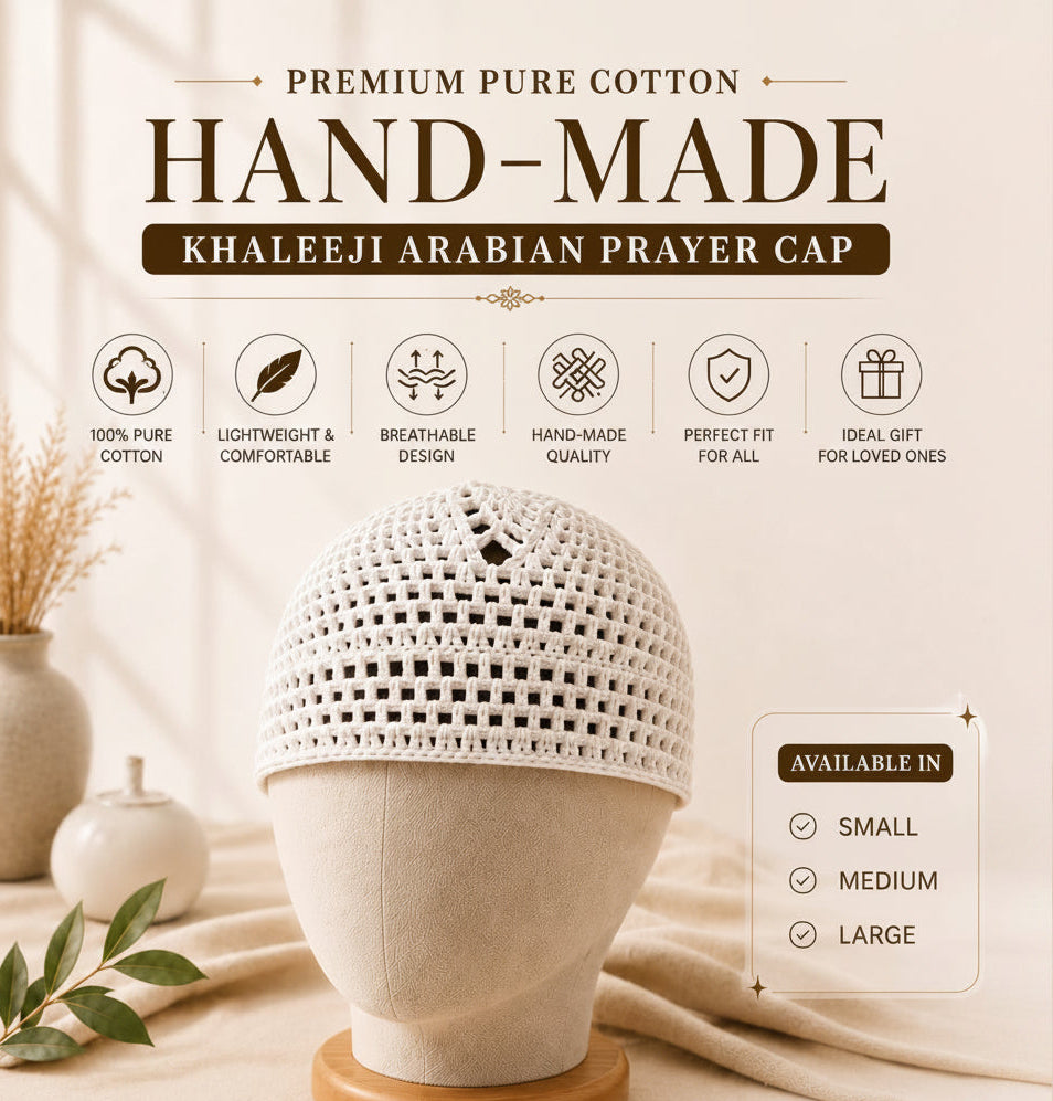 A handmade khaleeji prayer cap made of pure cotton, shown on a beige fabric mannequin head with a wooden base. The image is a promotional graphic with text highlighting its features, including 'PREMIUM PURE COTTON HAND-MADE KHALEEJI ARABIAN PRAYER CAP', icons for quality, and size options (Small, Medium, Large).