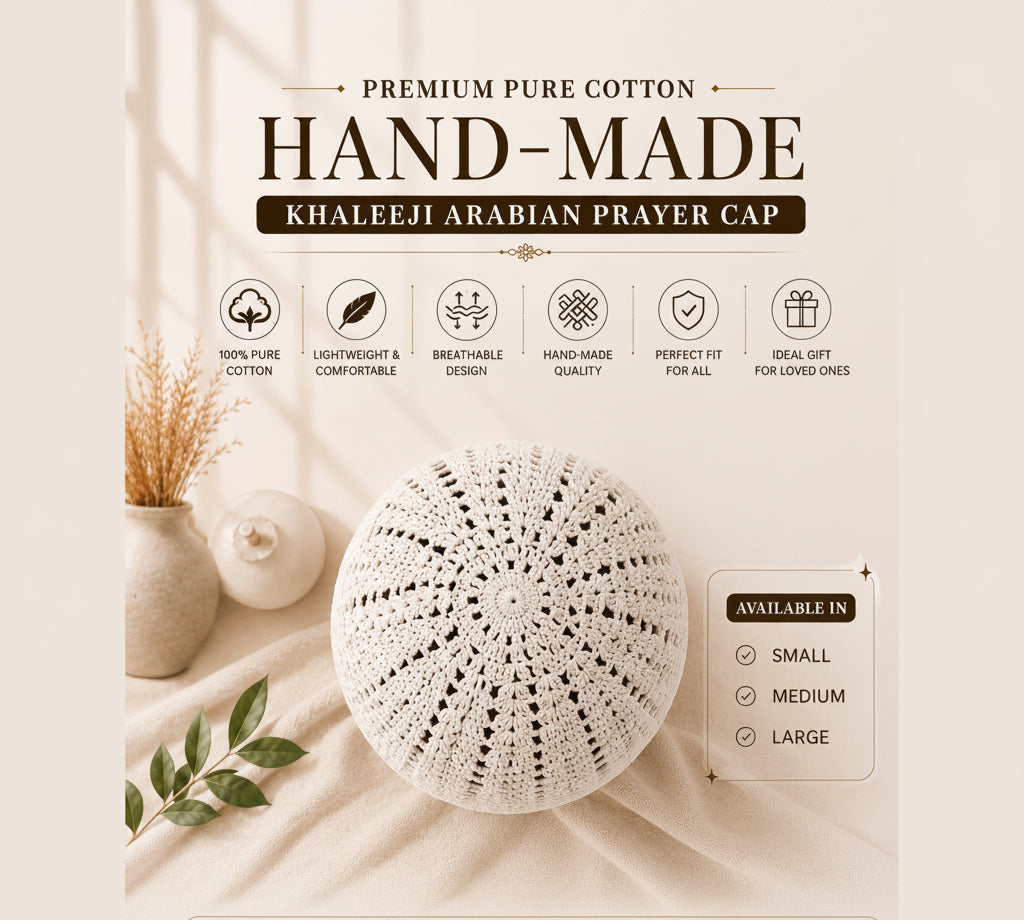 A handmade white crocheted prayer cap for Khaleeli Islamic prayer, displayed on a beige fabric background with decorative props. The image features promotional text highlighting its premium pure cotton quality, hand-made design, and availability in small, medium, and large sizes.