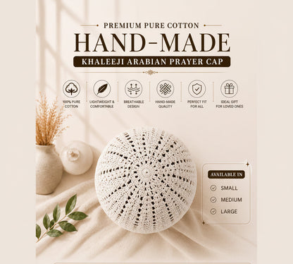 A handmade white crocheted prayer cap for Khaleeli Islamic prayer, displayed on a beige fabric background with decorative props. The image features promotional text highlighting its premium pure cotton quality, hand-made design, and availability in small, medium, and large sizes.