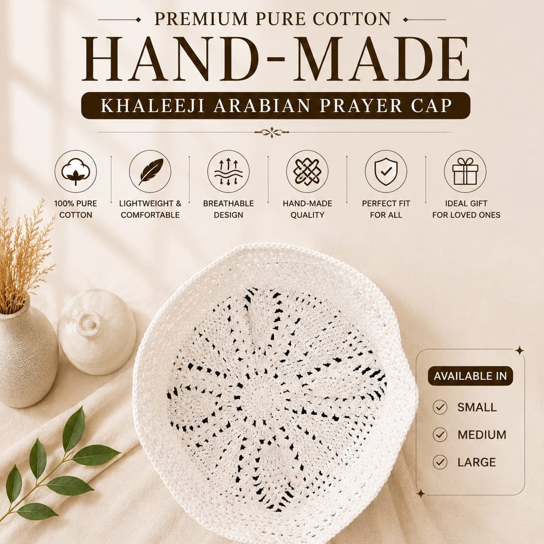 Pure Cotton Hand-Made Khaleeji Arabian Prayer Cap