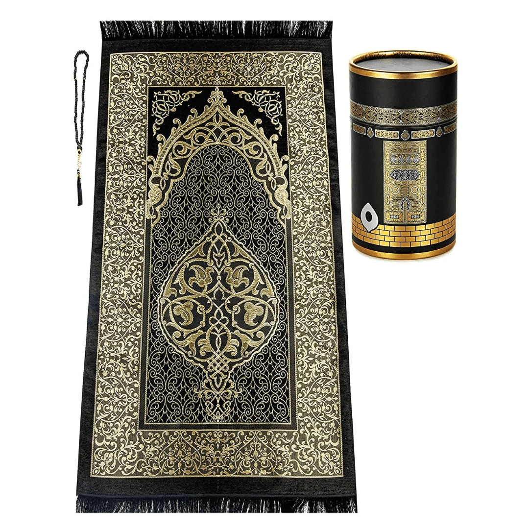 travel prayer mat, Elegant Kaaba inspired prayer gift set – premium prayer mat & tasbih in cylinder box. A perfect Islamic gift, Turkish quality.