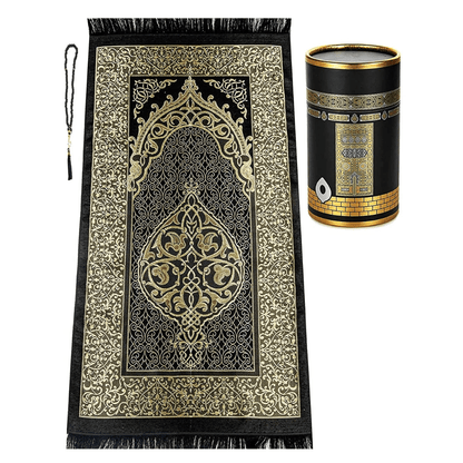 travel prayer mat, Elegant Kaaba inspired prayer gift set – premium prayer mat & tasbih in cylinder box. A perfect Islamic gift, Turkish quality.