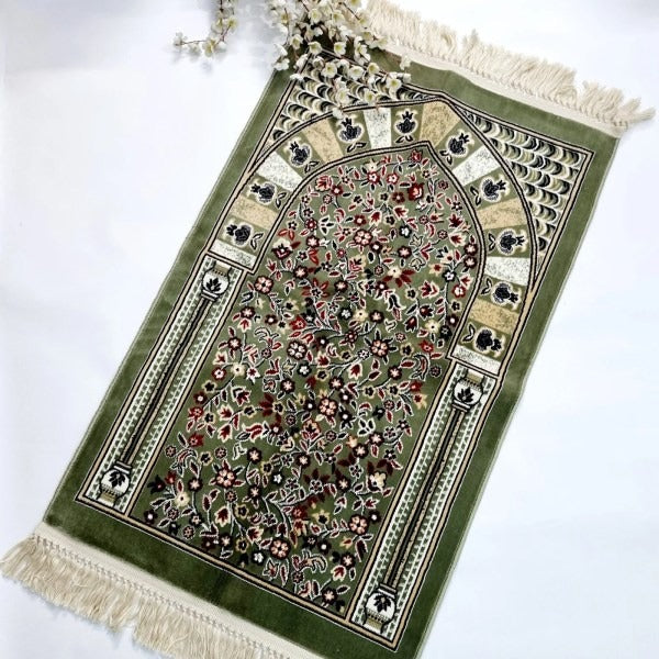 Turkish floral motif velvet prayer mat with soft chenille texture.