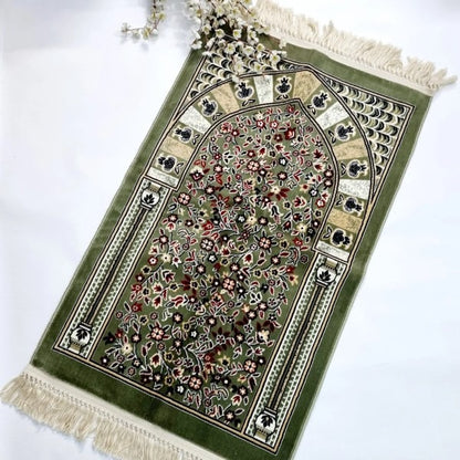 Turkish floral motif velvet prayer mat with soft chenille texture.