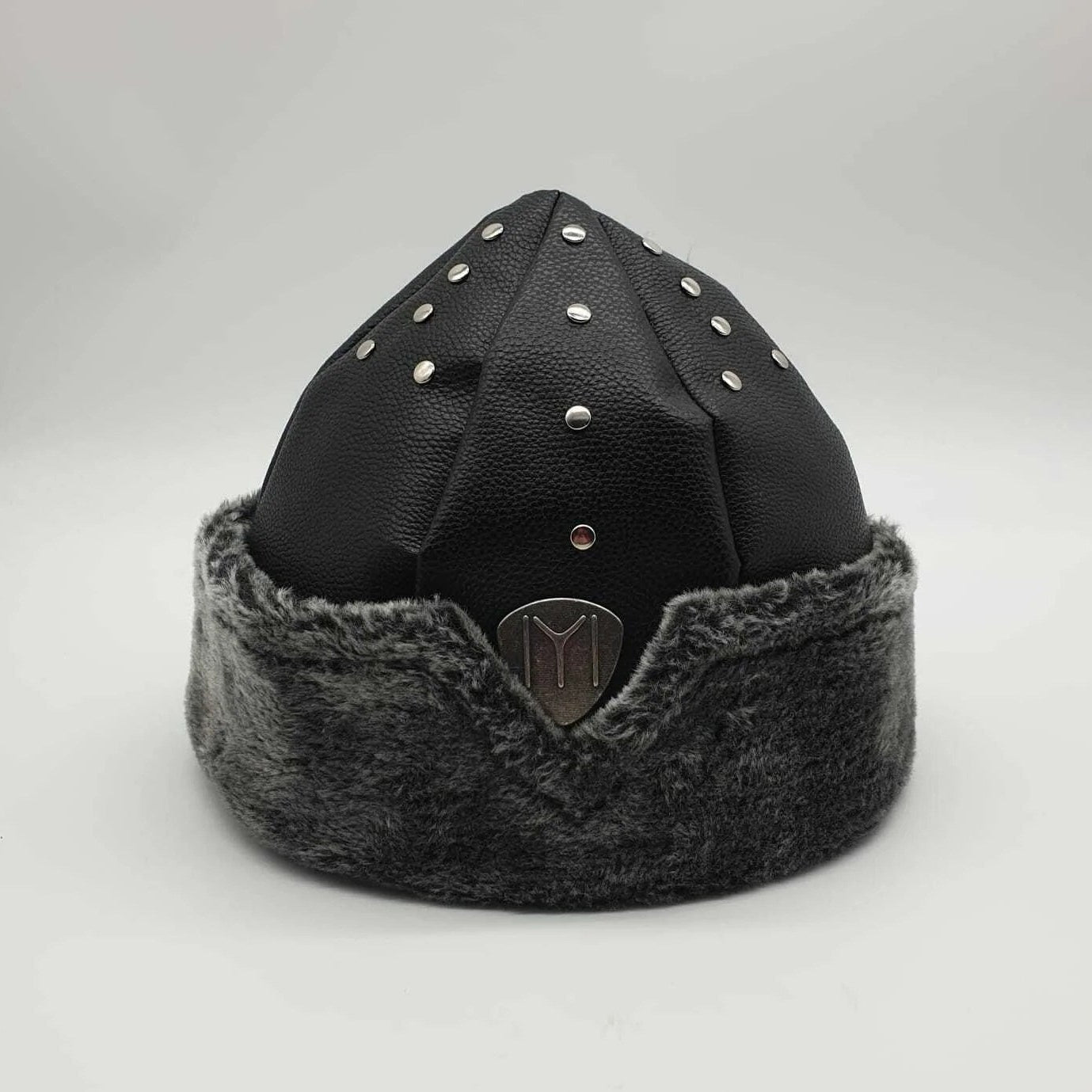 Turkish Ottoman Bork Hat made of faux fur and leather with metal emblem.