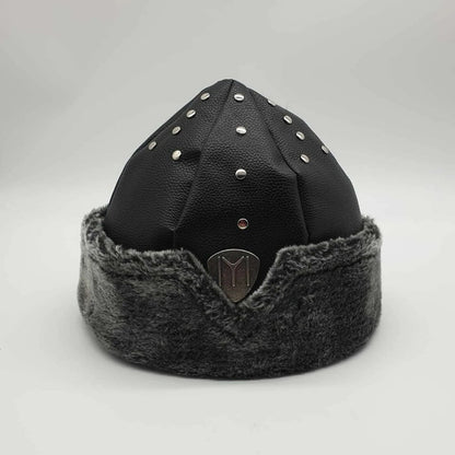 Turkish Ottoman Bork Hat made of faux fur and leather with metal emblem.