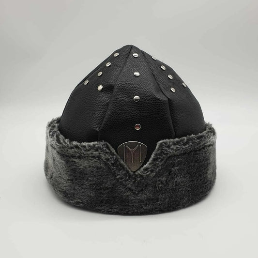 Turkish Ottoman Bork Hat made of faux fur and leather with metal emblem.