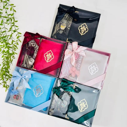 Turkish prayer mat gift set with velvet Quran, pearl tasbih, and digital counter.