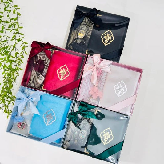 Turkish prayer mat gift set with velvet Quran, pearl tasbih, and digital counter.