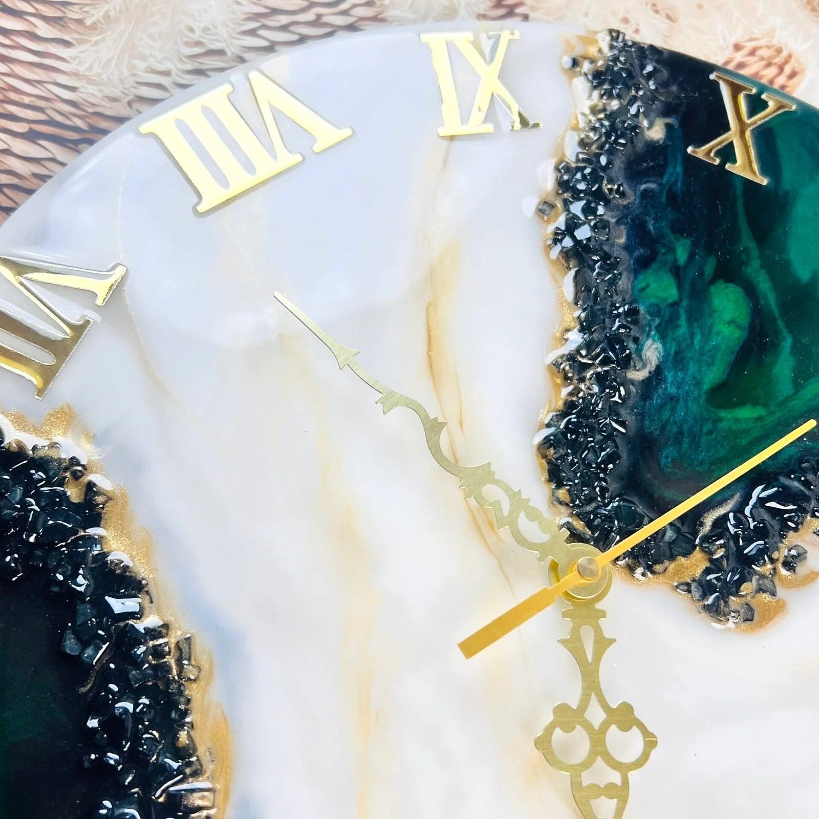 Elegant handmade resin clock featuring acrylic mirror numbers and silent movement