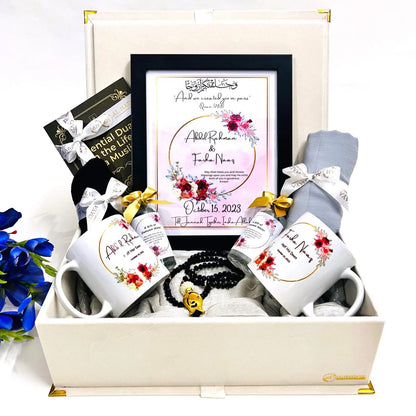 “Personalized Islamic gift set for couple with Zamzam, frame, mugs, and Muslim essentials”