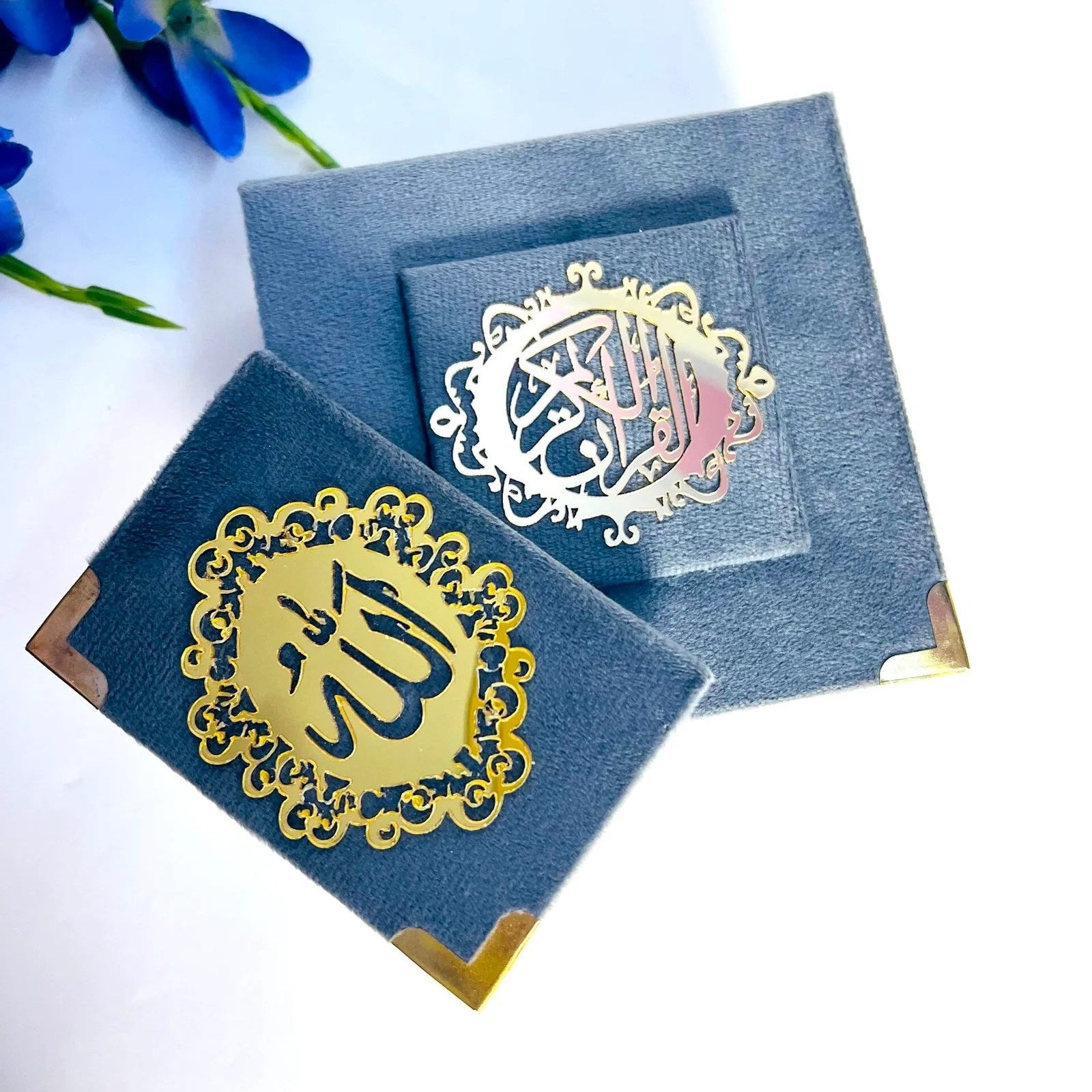 Velvet Grey keepsake box with mini Quran and matching tasbih