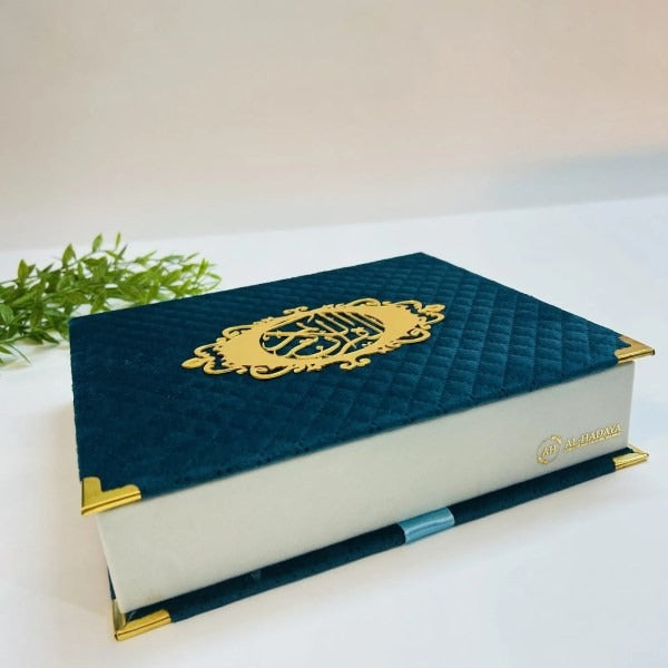 modern emerald green Quran box with elegant gold detailing and white crystal tasbih.