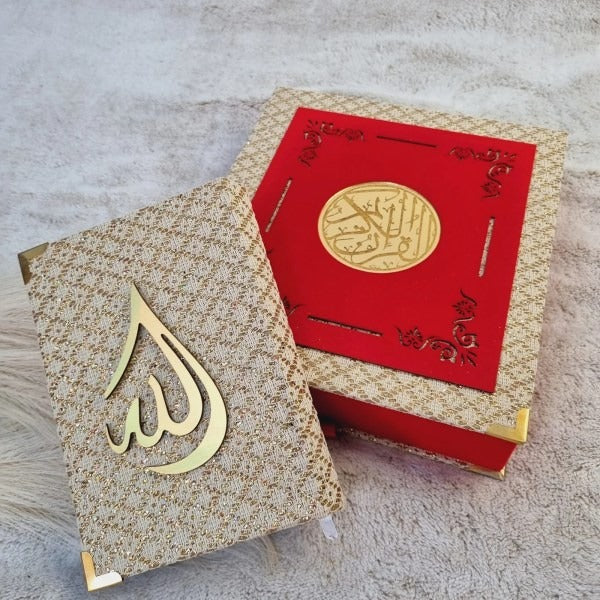 “Aesthetic velvet Quran gift set – beige and red color with gold detailing”