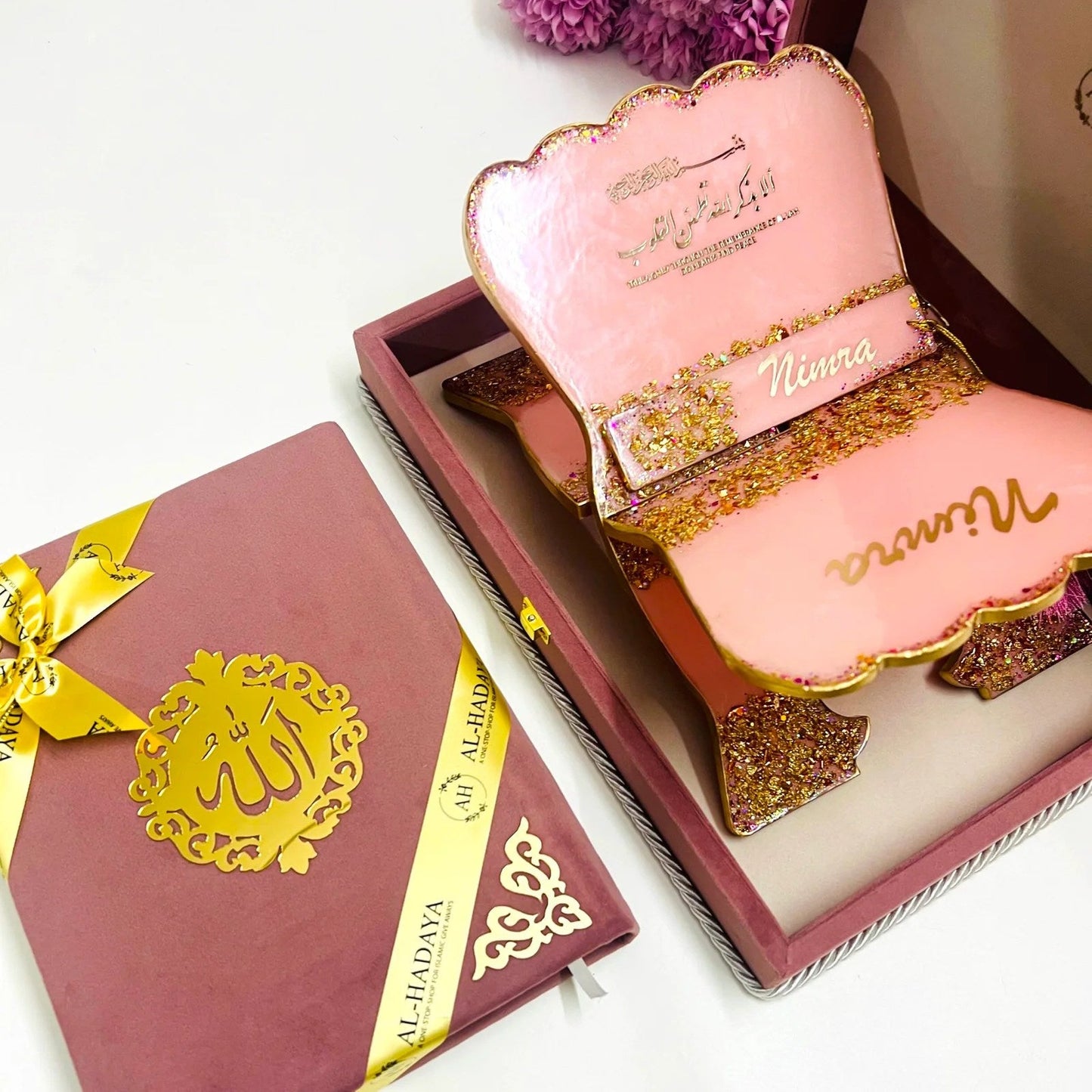 Pink Velvet Quran & Resin Holder Gift 