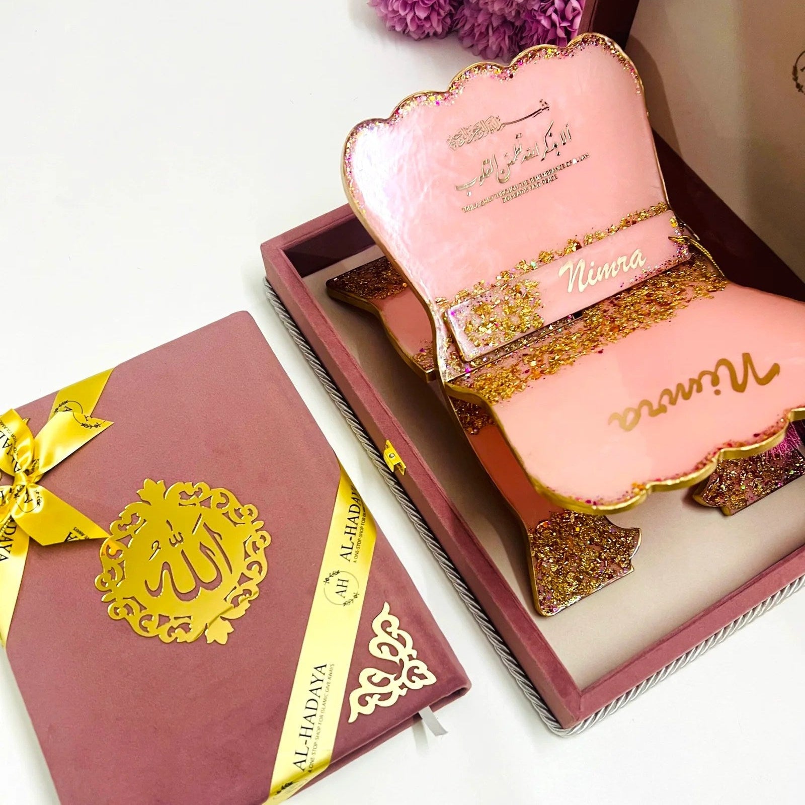 Pink Velvet Quran & Resin Holder Gift 