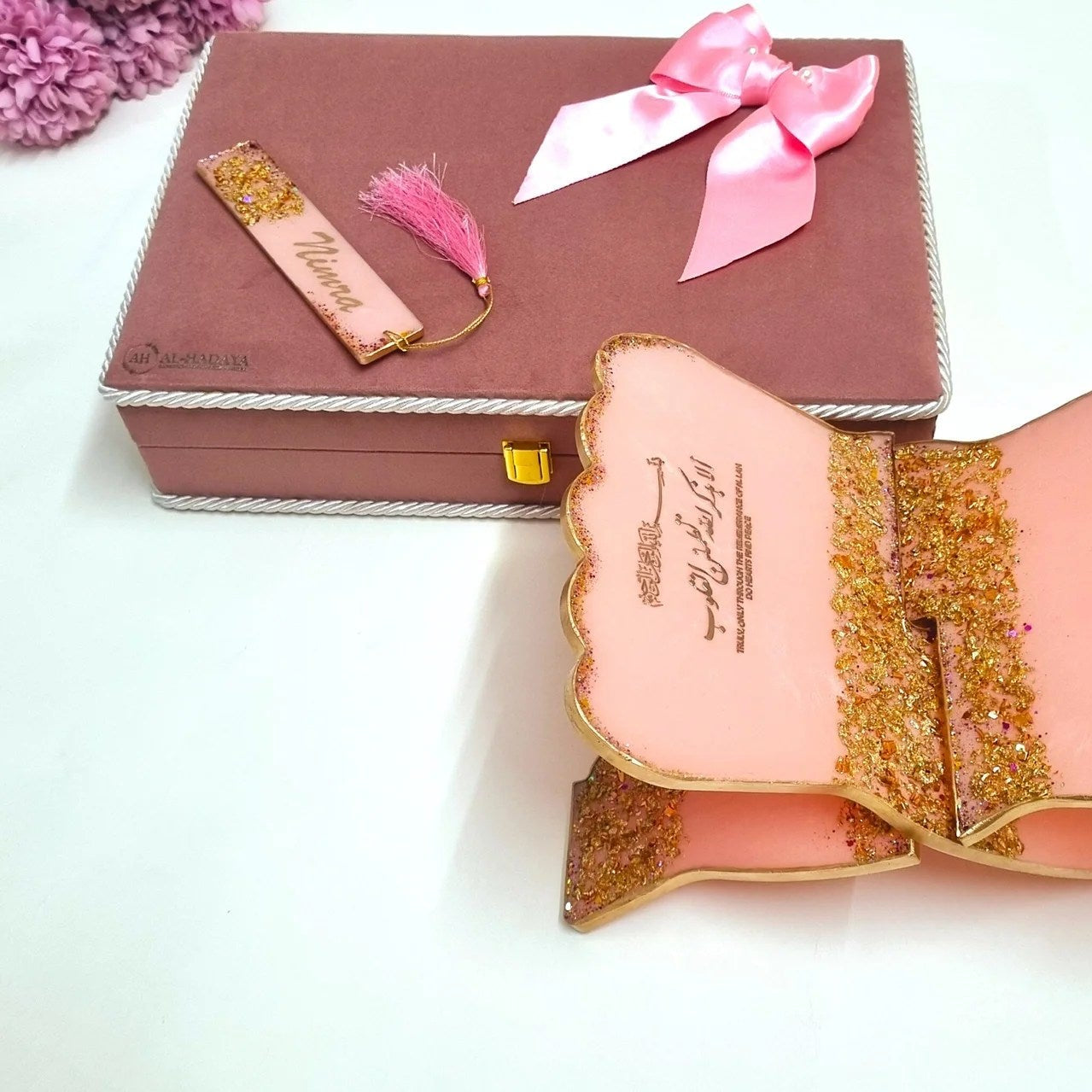 Velvet Quran & Resin Holder Gift Hamper | Pink Islamic Gift Box