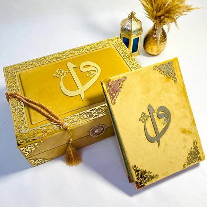 Personalized golden Quran gift box beautifully arranged for Nikah, Ramadan, Eid, or housewarming gifting.