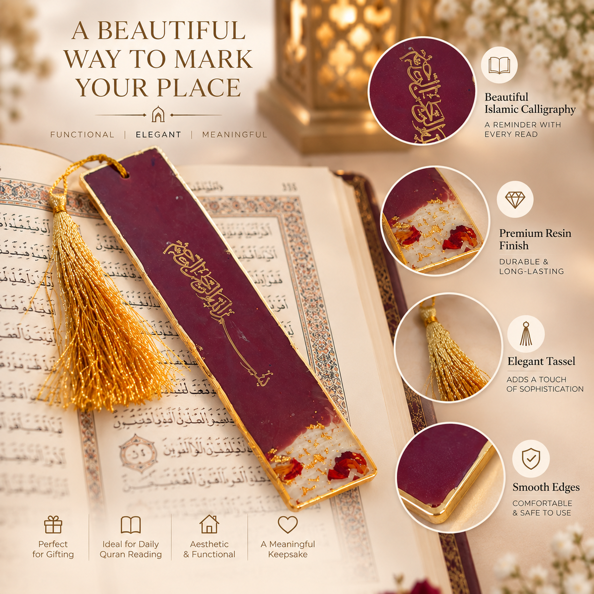 A decorative book bookmark with a gold tassel, featuring a deep burgundy-red center with gold Arabic calligraphy and dried red flower accents, displayed on a round beige marble coaster.