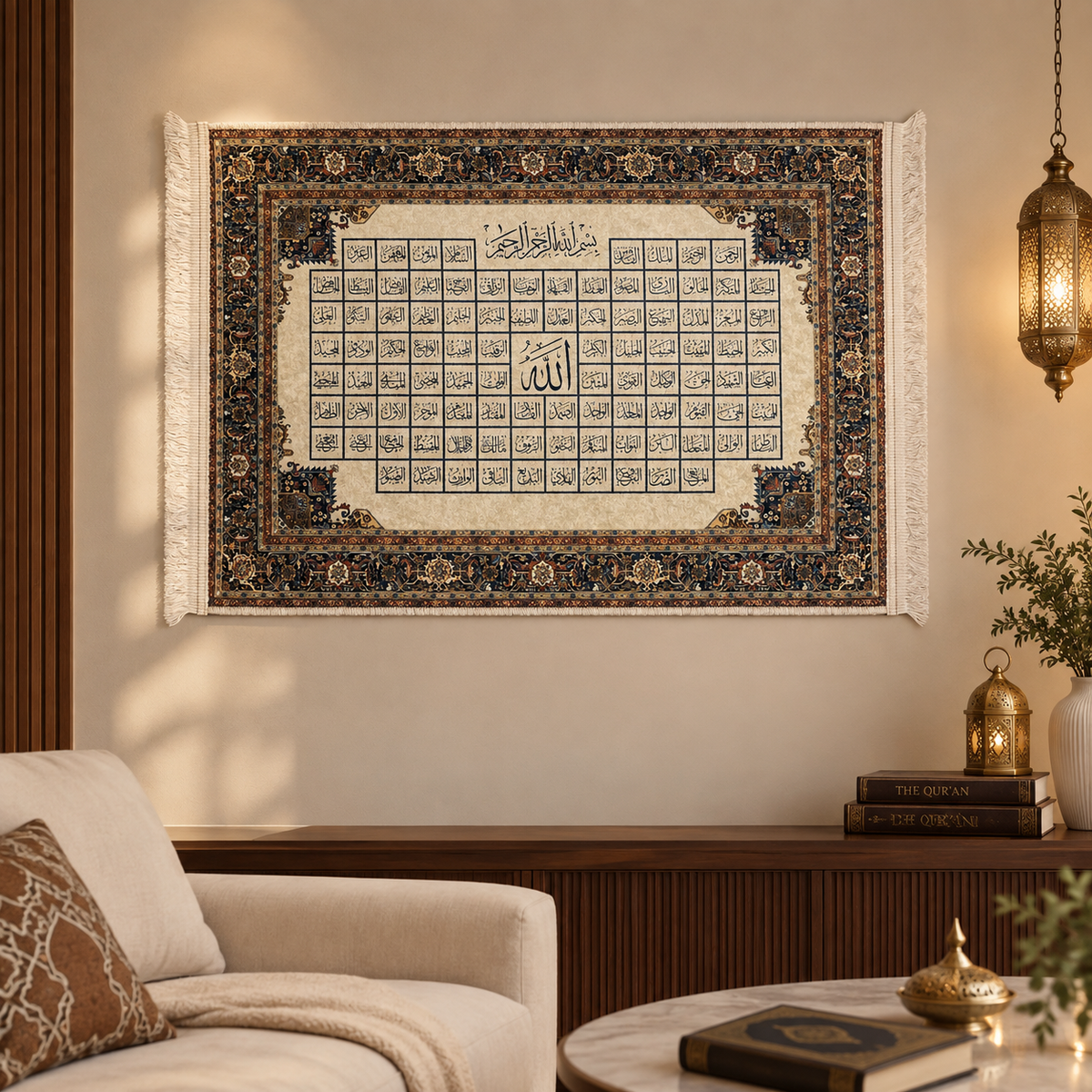 A large Islamic wall hanging featuring the Quran's cover design with Arabic calligraphy, displayed on a beige wall in a styled living room setting with a sofa, lamp, and side table.
