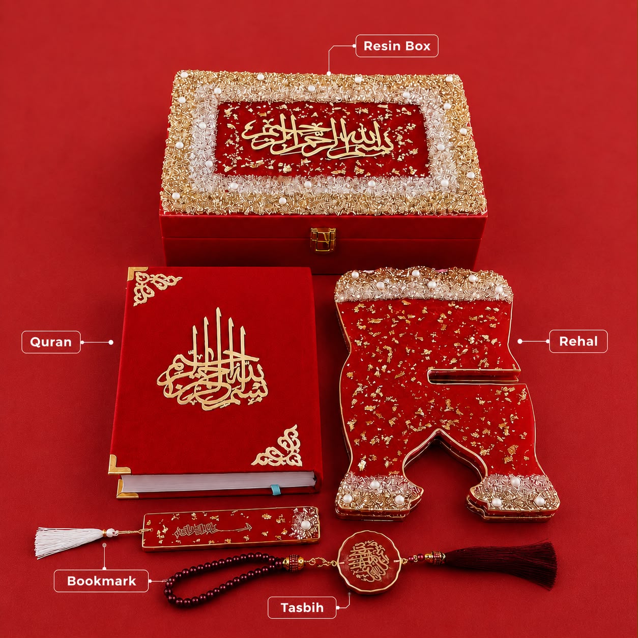 Red Couple Quran Hamper | Personalized Resin Islamic Gift Set for Couple