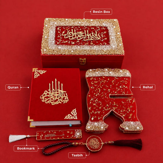 Red Couple Quran Hamper | Personalized Resin Islamic Gift Set for Couple