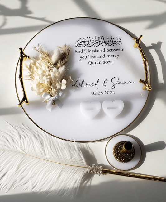 White floral resin ring tray with real dried flowers and Islamic calligraphy — perfect for Nikkah or wedding ceremonies.