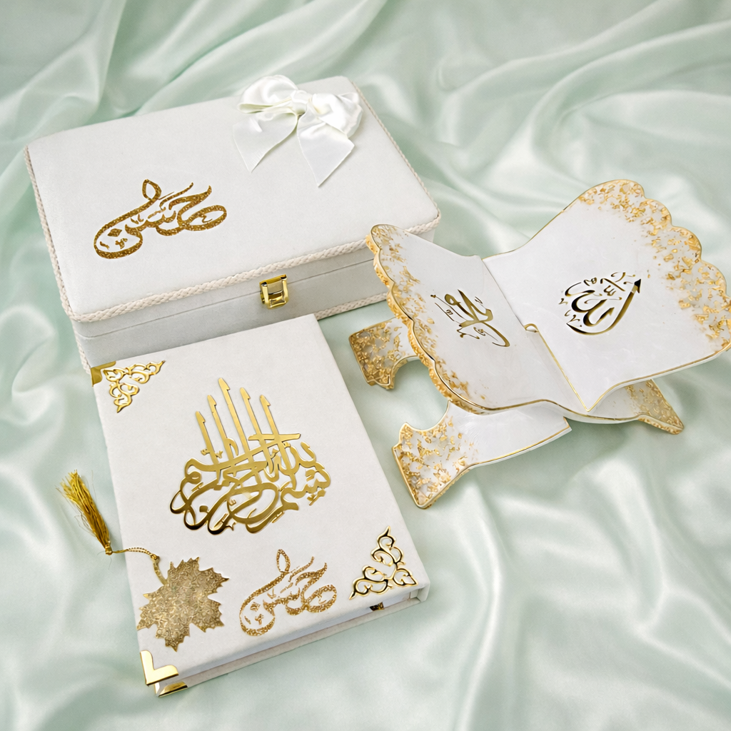 Classic White Quran Hamper with Rehal | Premium Velvet