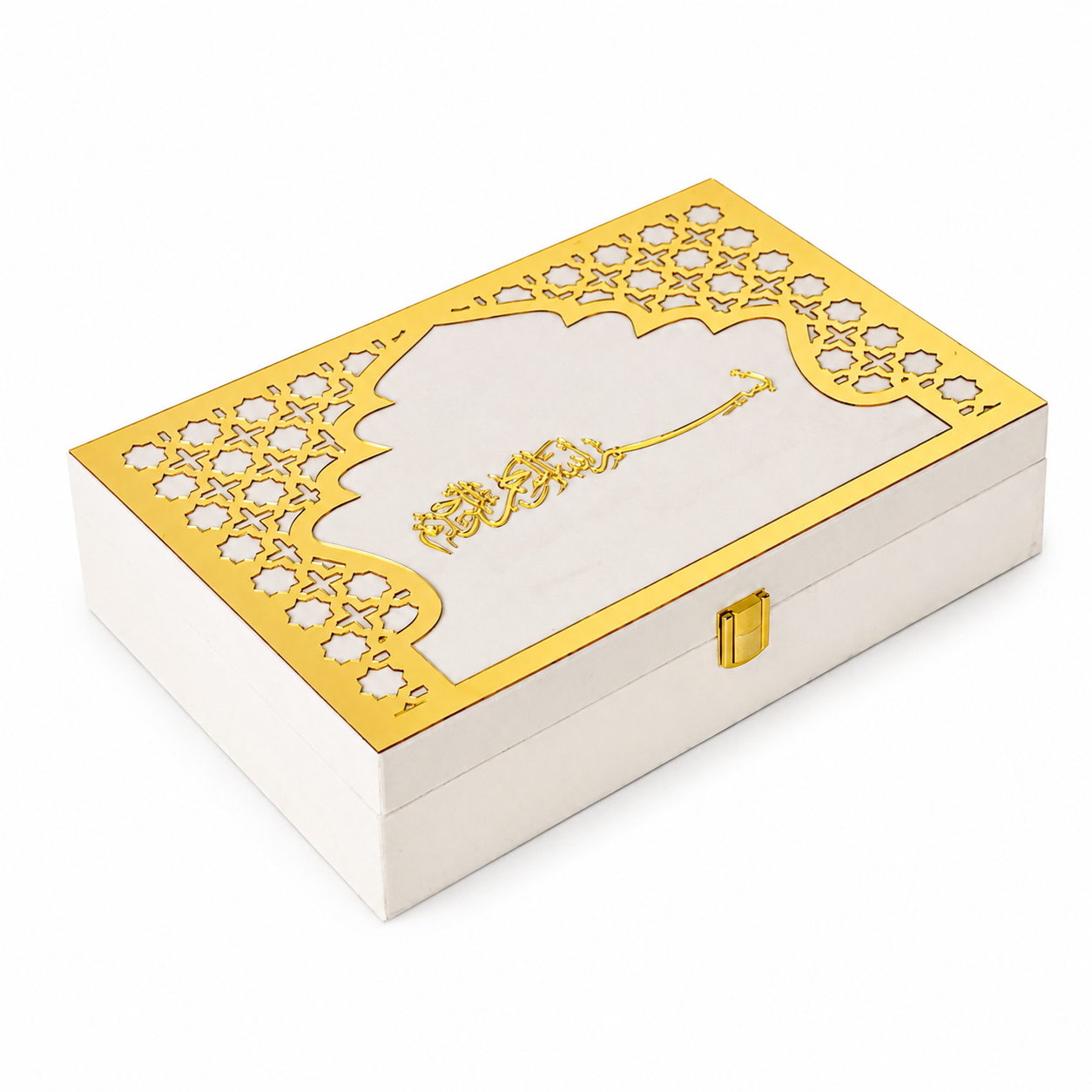 A rectangular jewelry box with a white body and a gold lid featuring intricate laser-cut arch patterns and a central ornate motif, shown on a white background.