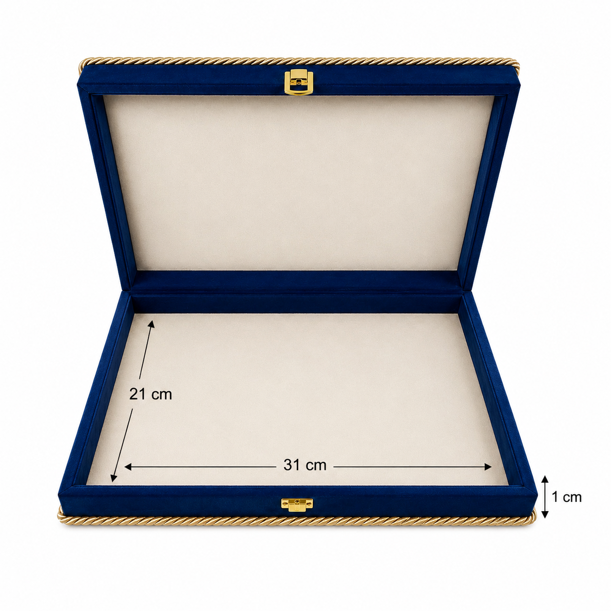 An open royal blue velvet presentation box with gold trim and a cream-colored interior, showing dimension markings of 31 cm width, 21 cm height, and 1 cm lid lift.