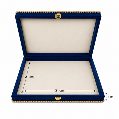 An open royal blue velvet presentation box with gold trim and a cream-colored interior, showing dimension markings of 31 cm width, 21 cm height, and 1 cm lid lift.