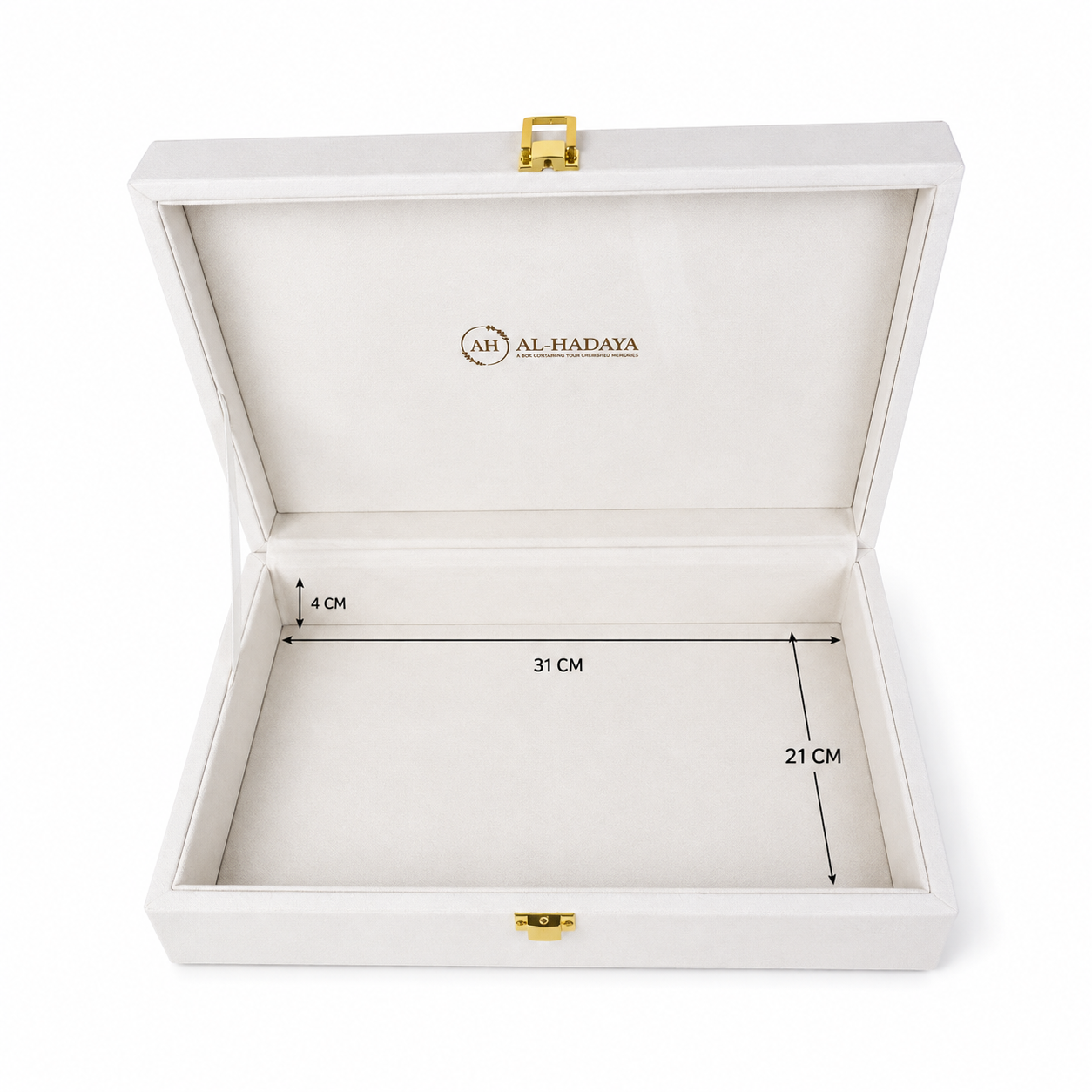 An open white presentation/storage box with gold-tone latches and a cream interior, shown on a white background with printed dimension markings inside the lid and base.