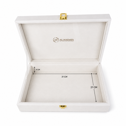 An open white presentation/storage box with gold-tone latches and a cream interior, shown on a white background with printed dimension markings inside the lid and base.