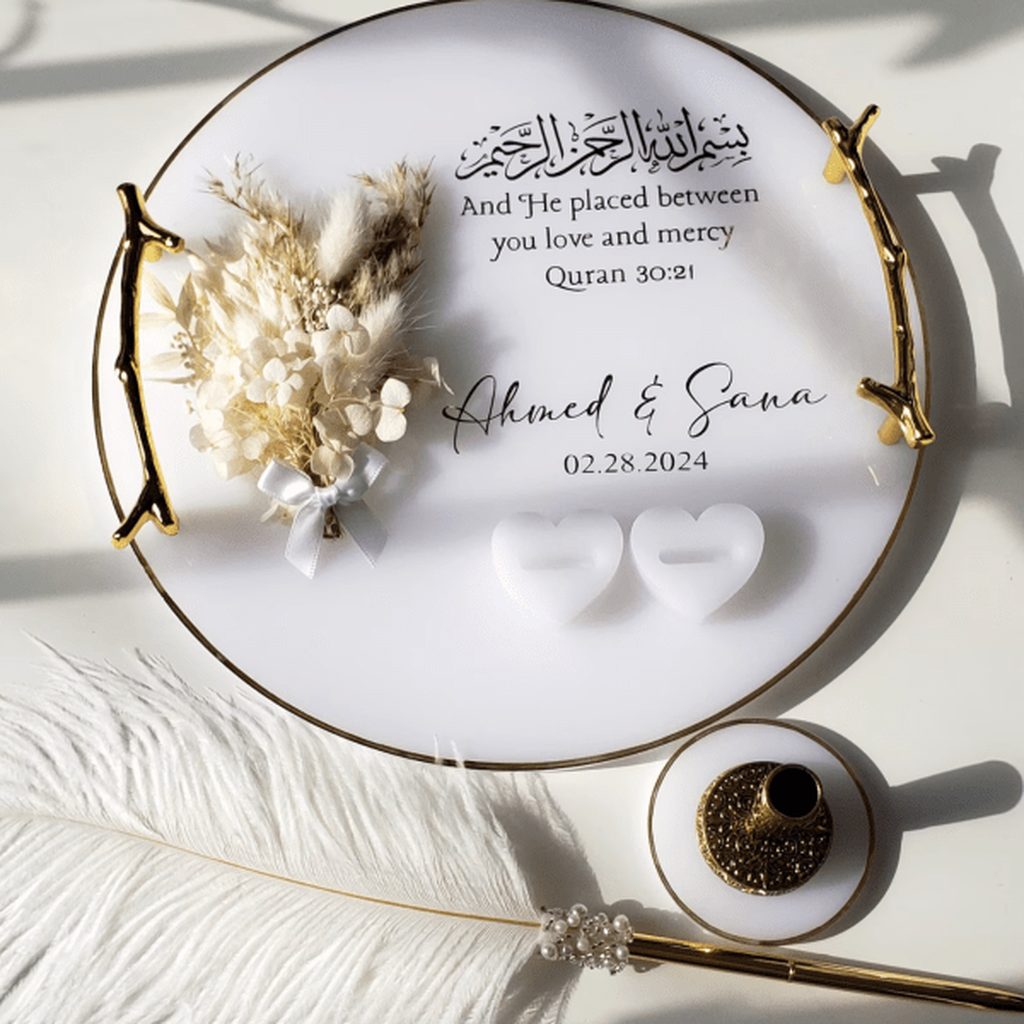 White Floral Ring Tray, Nikah Tray, Wedding Tray, Tray with Islamic Calligraphy, Ring Plater