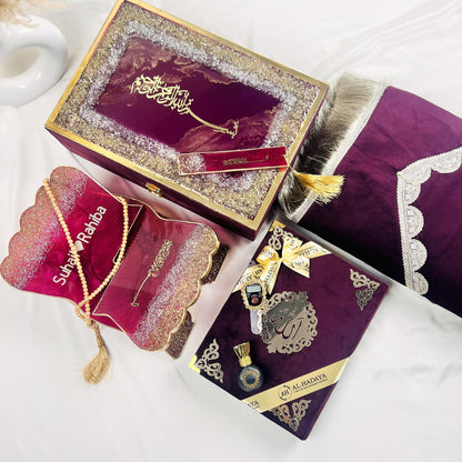 Wine Resin Quran Hamper featuring velvet Quran, prayer mat, tasbih, and bookmark.