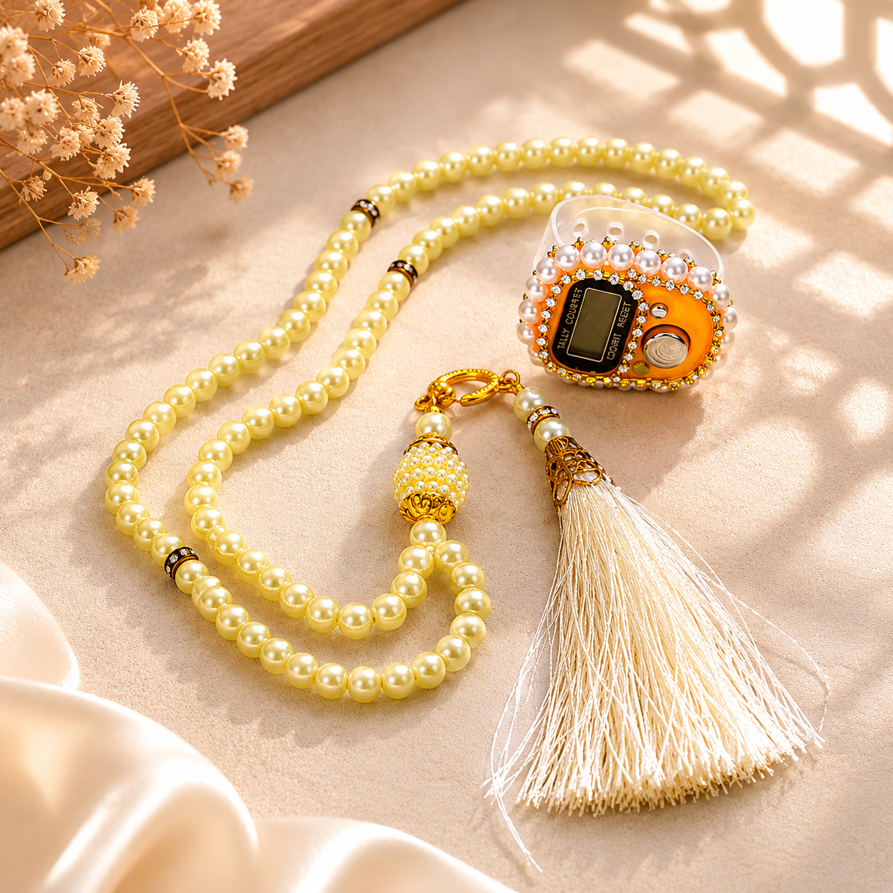 Digital counter with pearl necklace and tassel on a textured surface