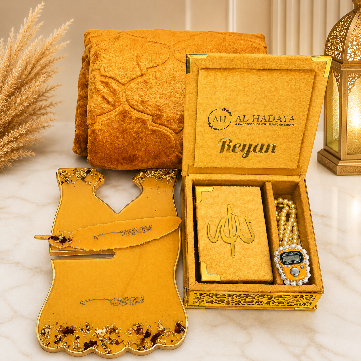 Kids Barkate Jariyah Aesthetic Mustard yellow Hamper | Prayer Mat with Name Customisation Option | Soft Velvet Prayer Rug |