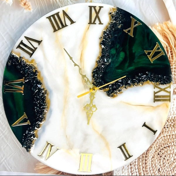 Personalised resin wall clock in white, beige, and black with natural crystal stones